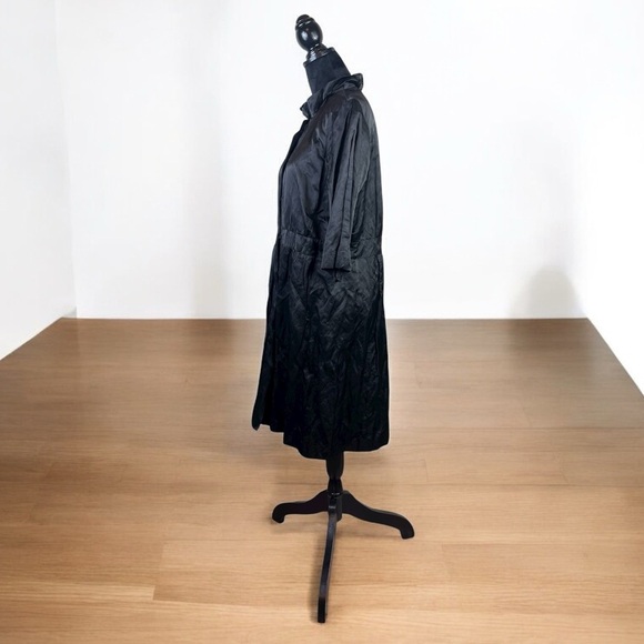 Eileen Fisher Satin Metallic Snap Front Ruffle Neck Dress in Black Size Large - Picture 2 of 7